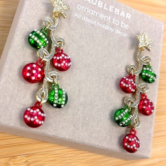 Brand New BaubleBar Christmas Ornaments Tree Stars Red Green Drop Earrings - Picture 9 of 13